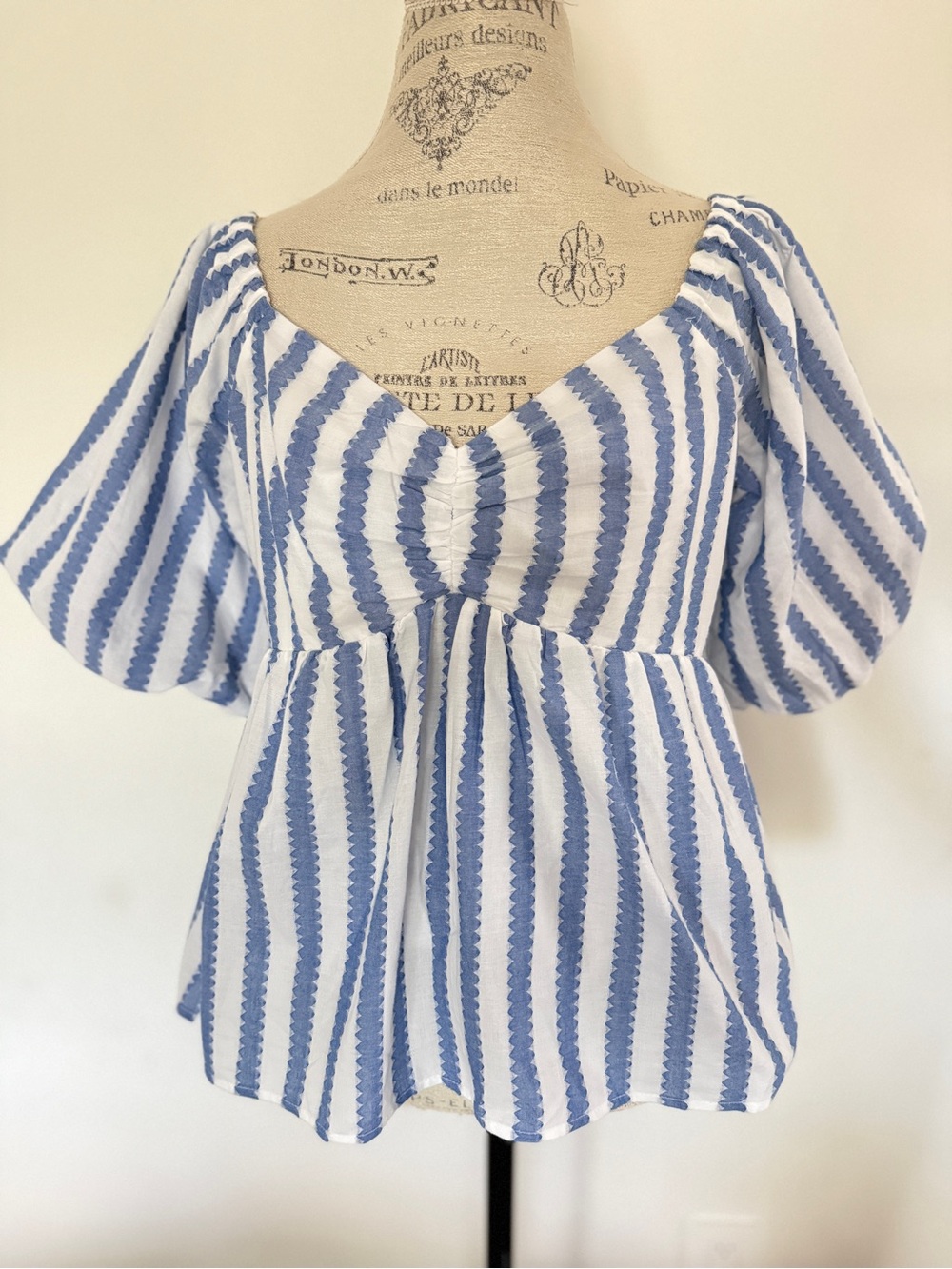 Vineyard Vines Blue and White Striped Puff-Sleeve Peplum Blouse